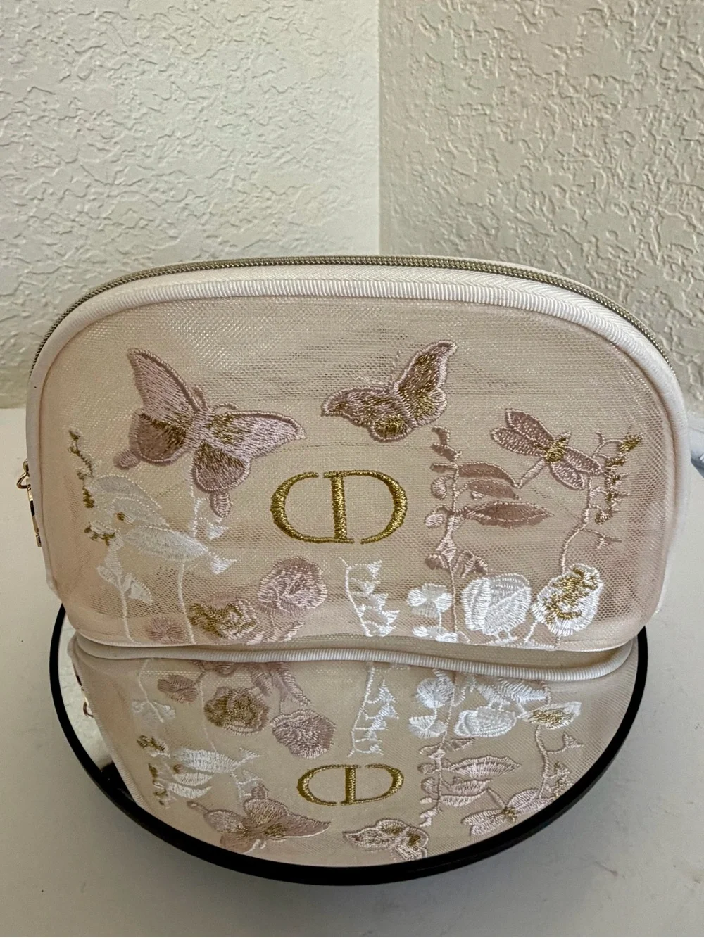 Dior Embroidered Butterfly Cosmetic Pouch - Cream & Gold and Gift Bag GWP